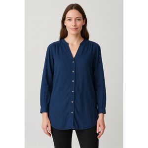 Lands’ End blue cotton button front blouse 14